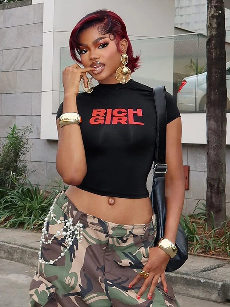kliou Causual Letter Print Women T-shirts Summer All-matched Short Sleeve O-neck Crop Tees Female Sporty Basic Wild Street Tops