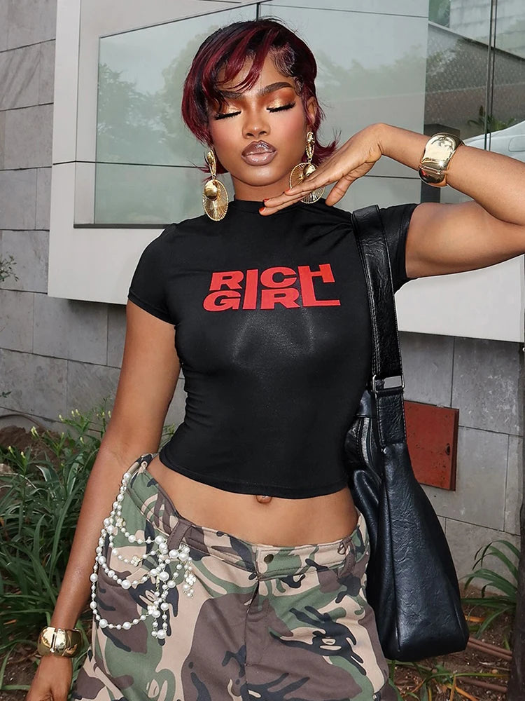 kliou Causual Letter Print Women T-shirts Summer All-matched Short Sleeve O-neck Crop Tees Female Sporty Basic Wild Street Tops