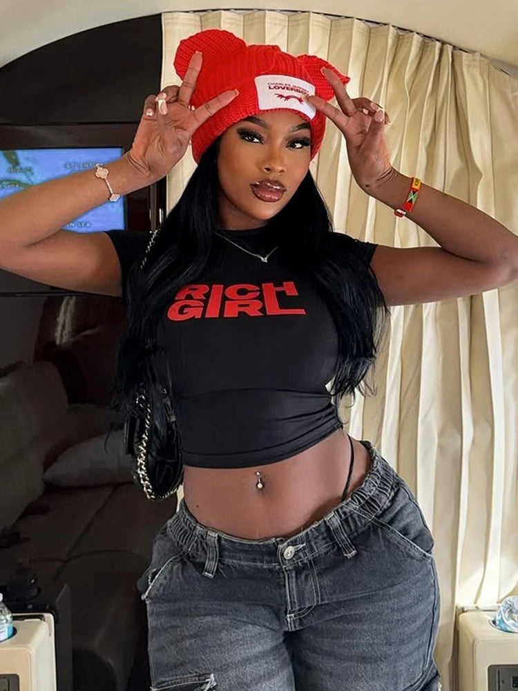 kliou Causual Letter Print Women T-shirts Summer All-matched Short Sleeve O-neck Crop Tees Female Sporty Basic Wild Street Tops