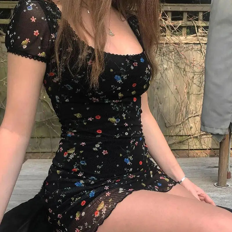 Sexy Dresses Women Clothes Viintage 2000s Lace Aesthetic Flower Slim High waist Summer Mini Dress Harajuku Sweet Girl Y2k Dress