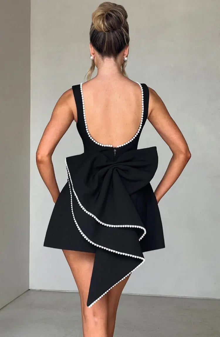 Elegant Pearl Bow Backless Sexy Mini Dress Women's Luxury Party Short Dresses White Black Pink Birthday Evening Wedding Summer