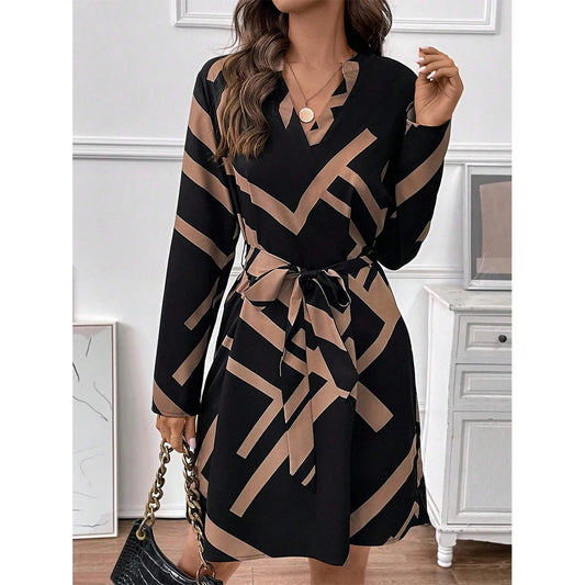Mia Muse Women's Dresses Autumn Fitting Slim Knot Contrast Color Print Long Sleeve V-Neck Mini Wrap Fashion Dresses