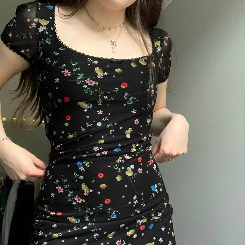 Sexy Dresses Women Clothes Viintage 2000s Lace Aesthetic Flower Slim High waist Summer Mini Dress Harajuku Sweet Girl Y2k Dress