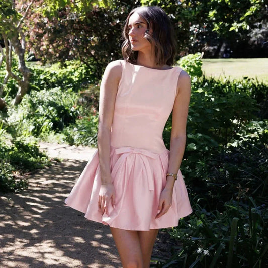 Tuularose Bow Sleeveless Dress Women Summer Pink Backless Sexy Slim Pleated Short Dress Elegant Party Evening Dress Vestidos Y2k