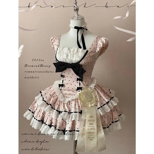 French New Retro Elegant Dresses Sweet Cute Girl Doll Sweetheart Pink Polka Dot Splicing Lace Bow Waist Short Dress Ladies 2025