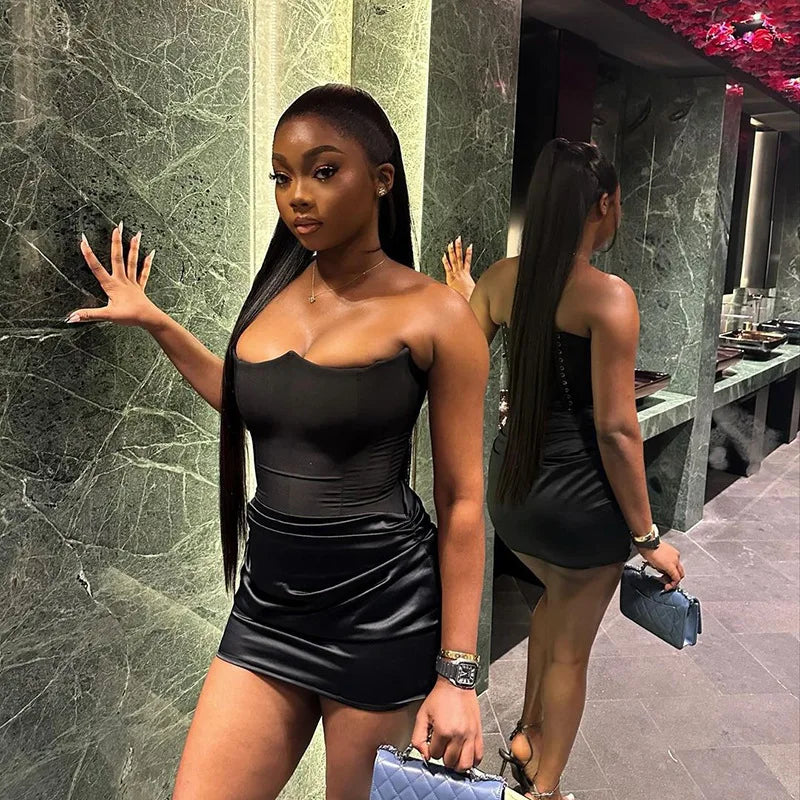 Summer Mini Dress Slim Fit Off Shoulder Chest Wrapping Fashion Black Slim fitting waistband short skirt Sexy Clothing Sleeveless