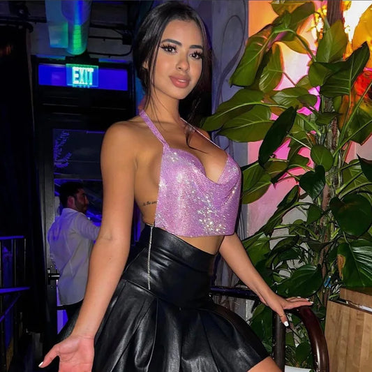 Shiny Rhinestone Sequins Tank Top Sexy Backless Halter Metallic Strap Crop Tops Rave Festival Club Women Outfits Top